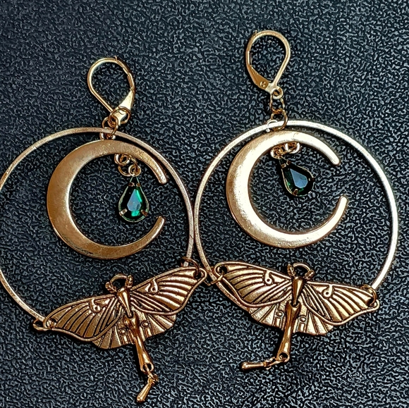 Gold Hoops Dangling Moon Butterfly with Faux Emerald Teardrop Earrings NWT - Picture 5 of 6